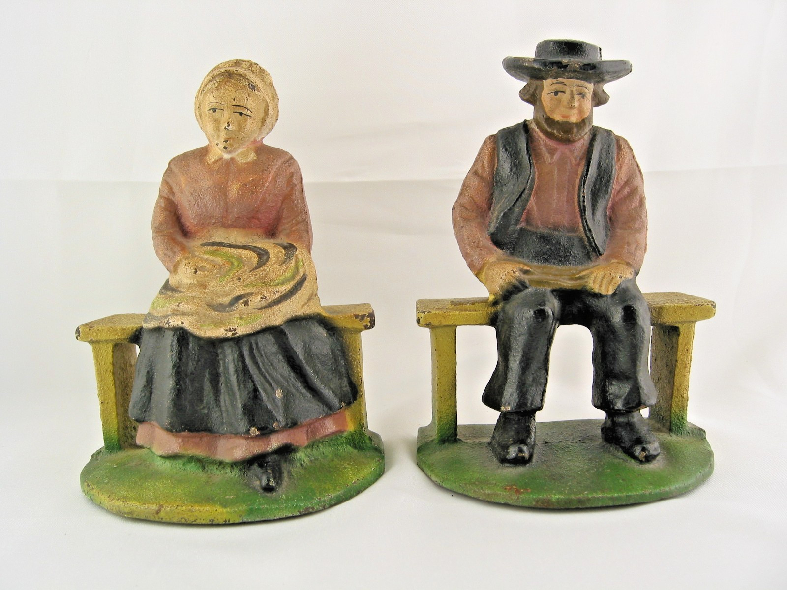 Antique Farmhouse Style - Painted - Cast Iron - Amish Couple Figural Bookends