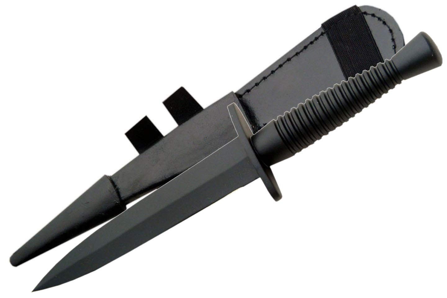 SZCO Supplies 1125 British Style Black Commando Knife with Leather Sheath