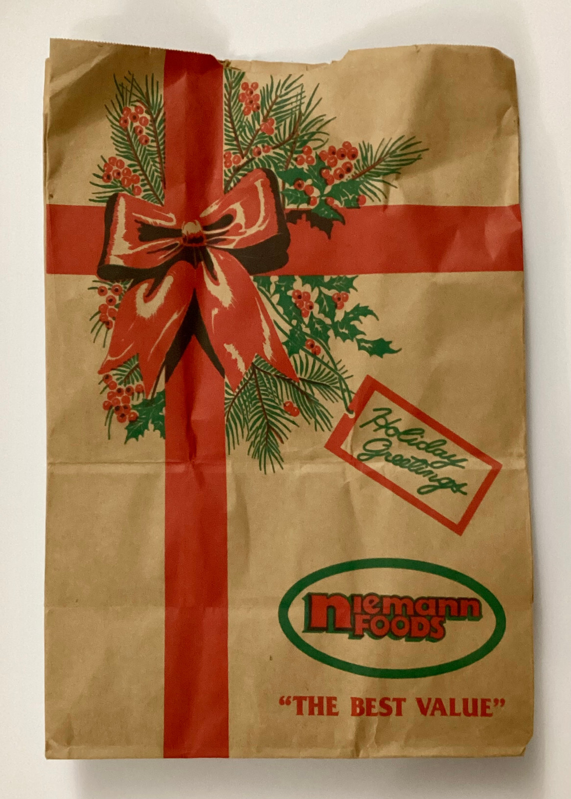 Vintage Niemann Foods Paper Shopping Bag Grocery Store Food Sack Retail Prop