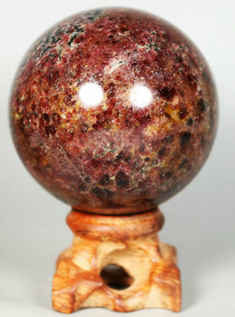 296g Natural Almandine Wine Red Garnet Sphere Crystal Ball w/ Rosewood Stand