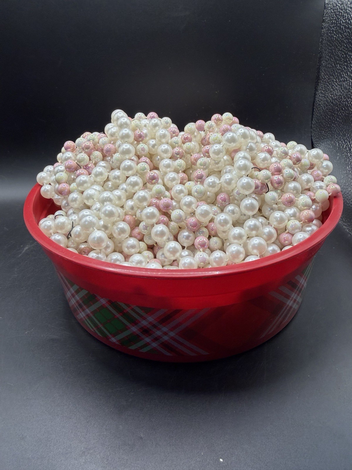 Faux Pearl Beaded Christmas Garland Lot Iridescent Beads Holiday Tin Container 