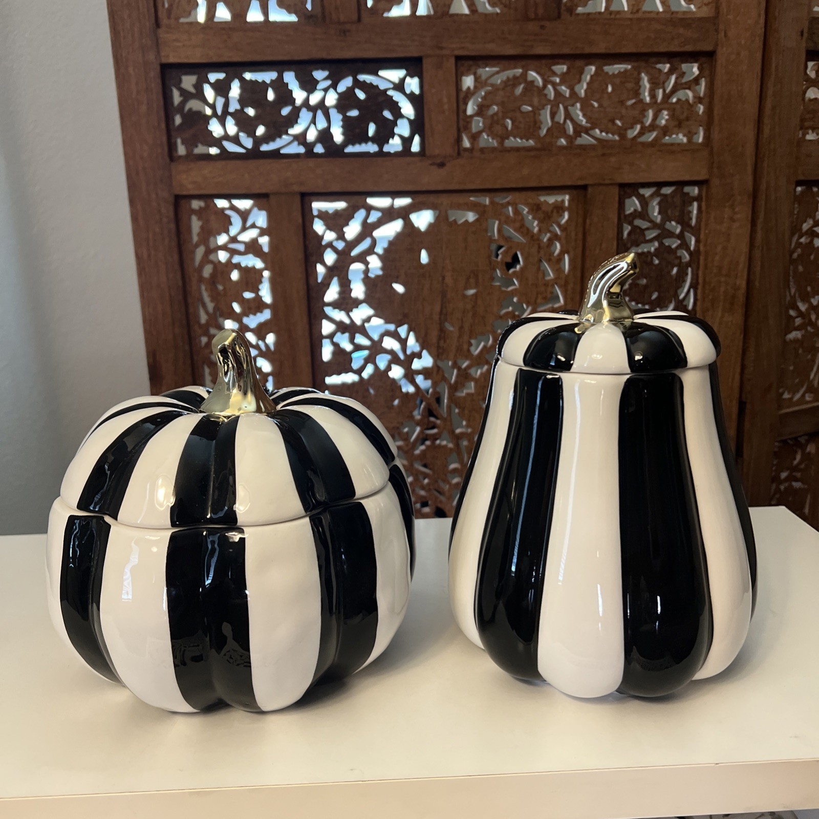 Striped Pumpkin PAIR Canister Jars 8 inch Mackenzie Childs Style Ceramic NEW x2