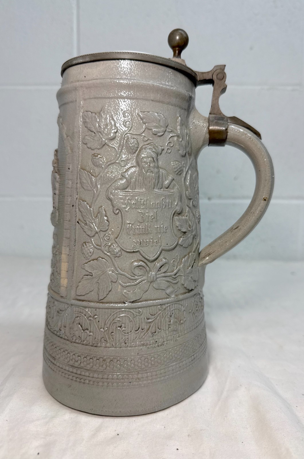 Large Antique 1800's German pottery porcelain pewter lidded beer stein mug
