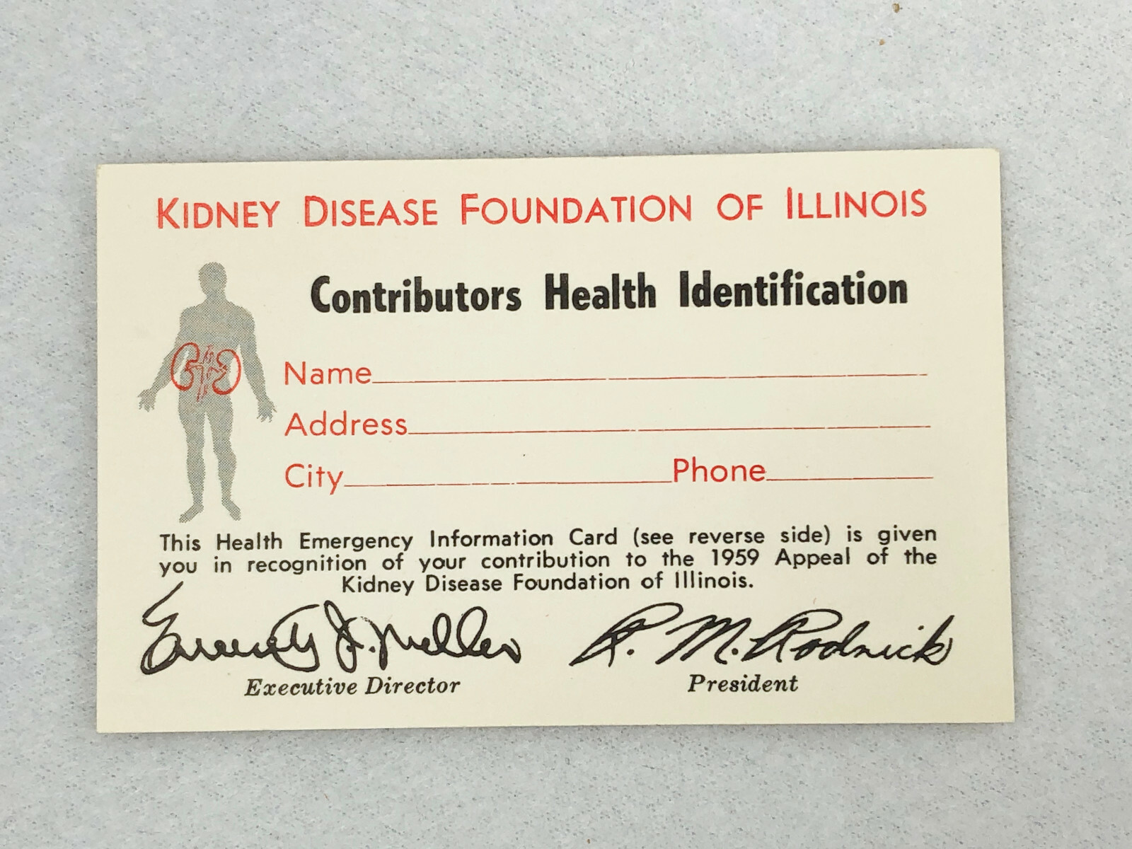 VINTAGE BUSINESS CARD -  KIDNEY DISEASE FOUNDATION OF ILLINOIS - ID CARD