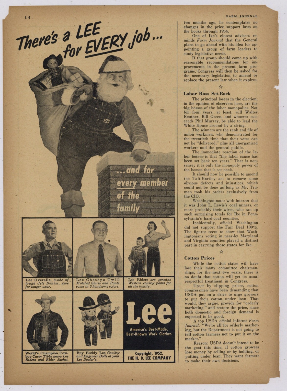 1952 H.D. Lee Co. ad: Lee Denim, Blue Jeans, Overalls,Riders, Casey Tibbs Pic
