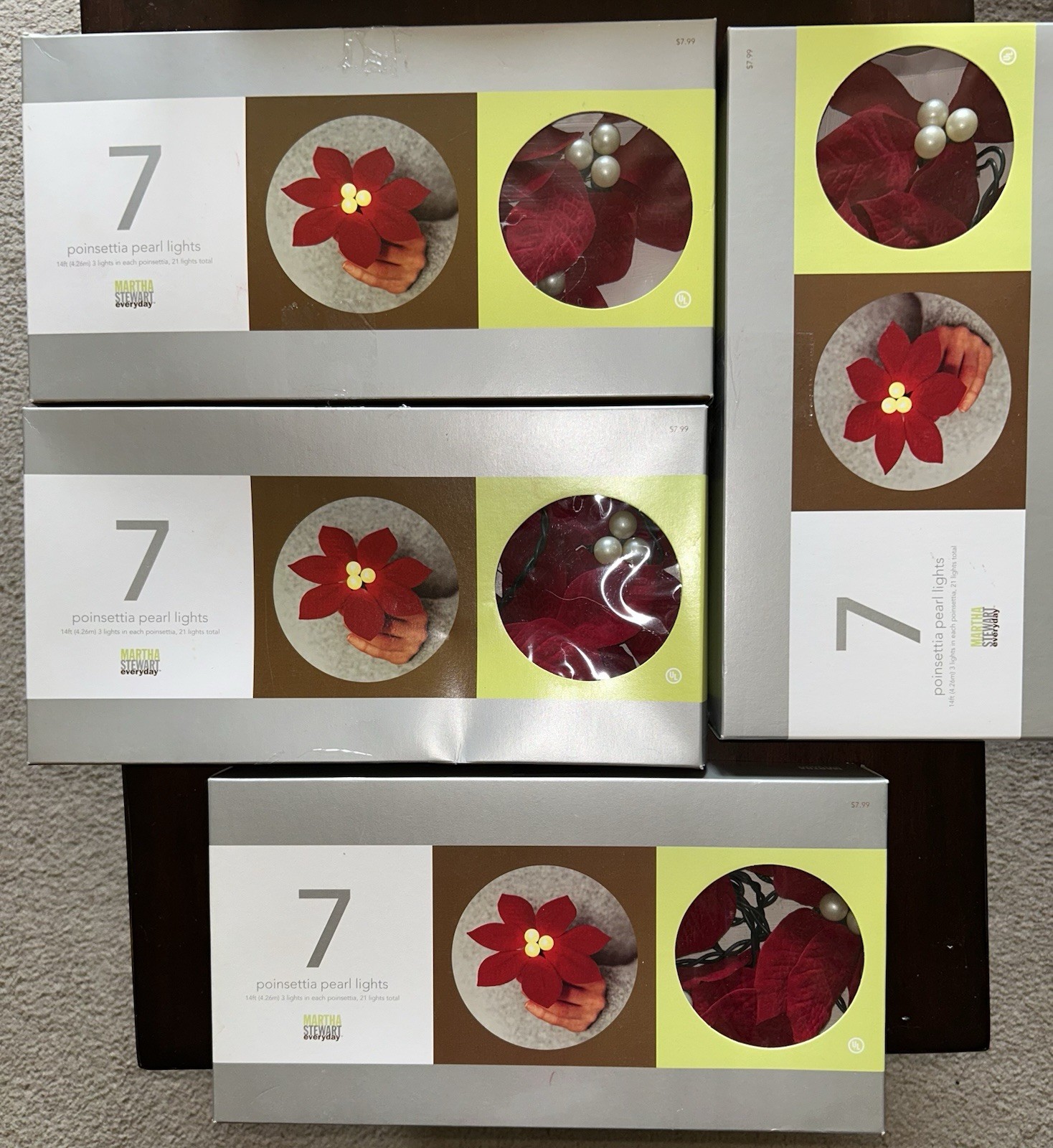 4 Vintage Martha Stewart 2002 Red Pearl Poinsettia Christmas String Lights Rare