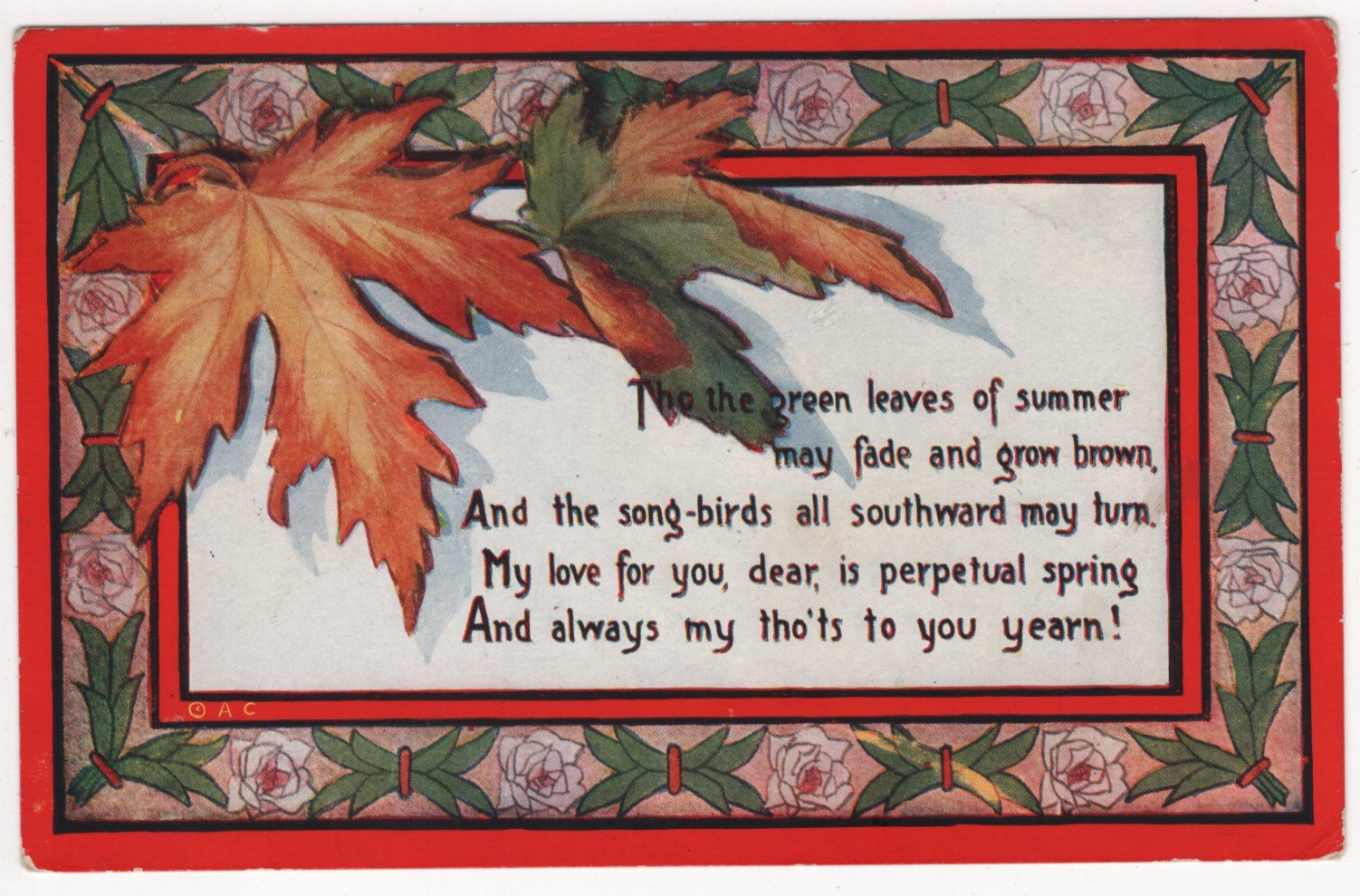 Antique 1909 Arthur Capper Sweetheart Series Postcard Autumn Leaves Love Poem