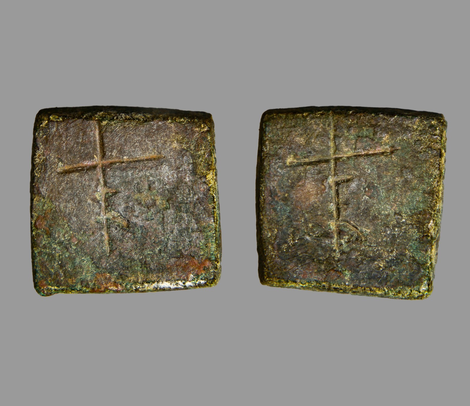 Ancient Crusader Period Bronze Square Weight 5.55g Inscribed Patriarchal Cross Ancient Crusader Period Bronze Square Weight 5.55g Inscribed Patriarchal Cross