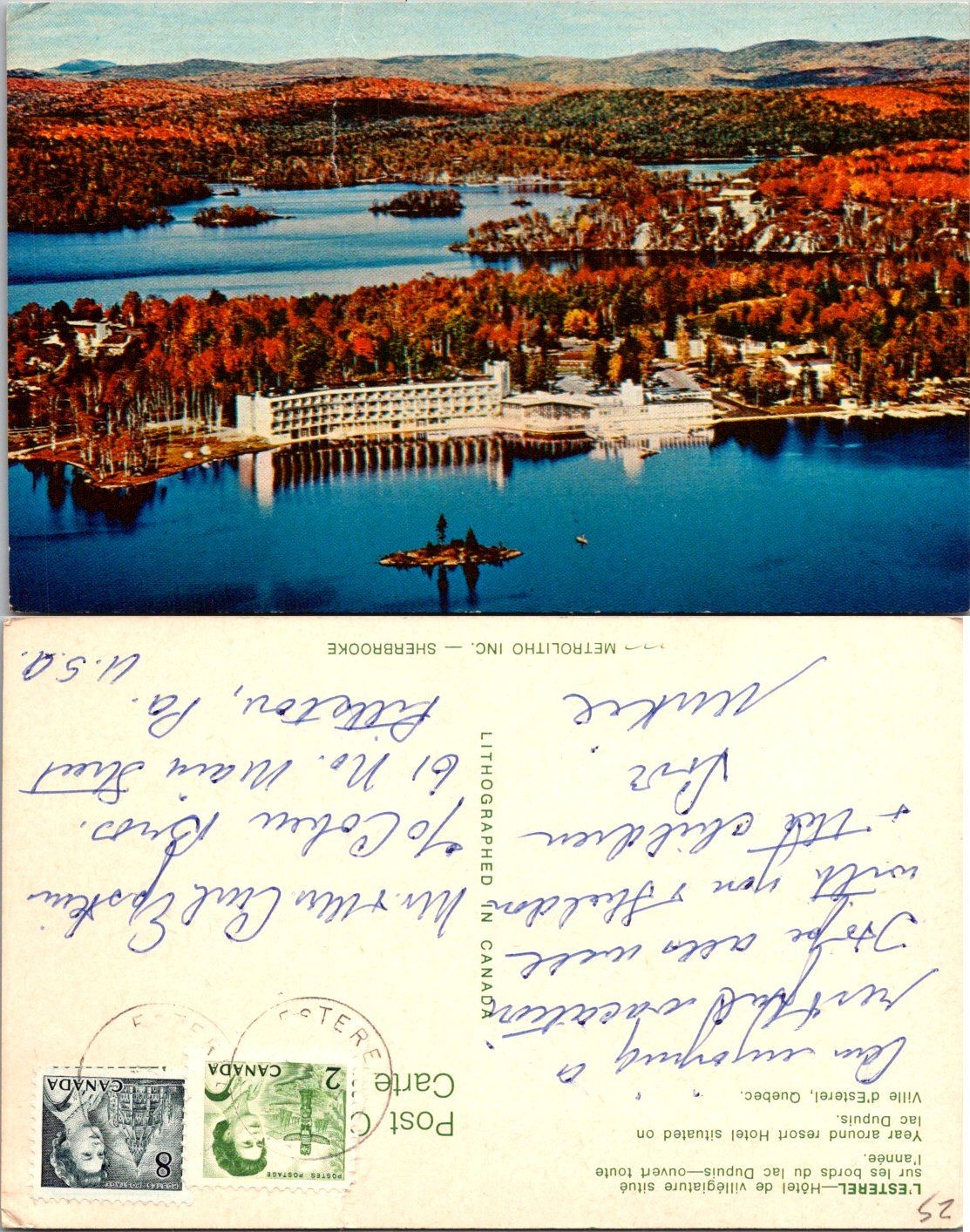 L\'ESTEREL Hotel Sherbrooke Quebec Aerial Lake Postcard Litho Canada Stamped Used