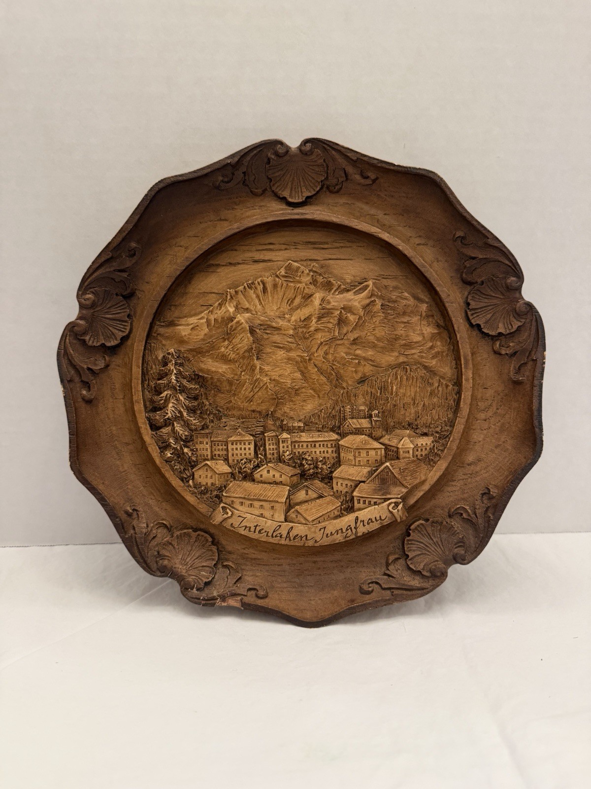 Vintage Interlaken Jungfrau Switzerland Alpine Carved Wood Composite Plate 9