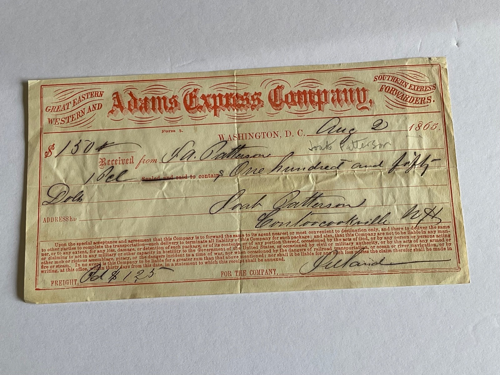 CIVIL WAR GENERAL JOAB PATTERSON SGN ADAMS EXPRESS MONEY RECEIPT 1865 CIVIL WAR GENERAL JOAB PATTERSON SGN ADAMS EXPRESS MONEY RECEIPT 1865