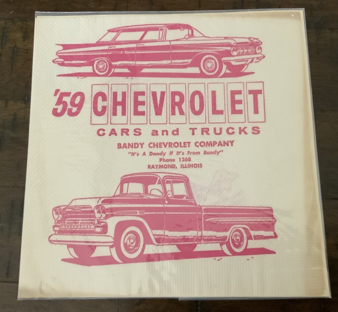 Vintage 1959 Chevrolet Bandy Chevrolet Dealer Printed Napkin Impala Pickup