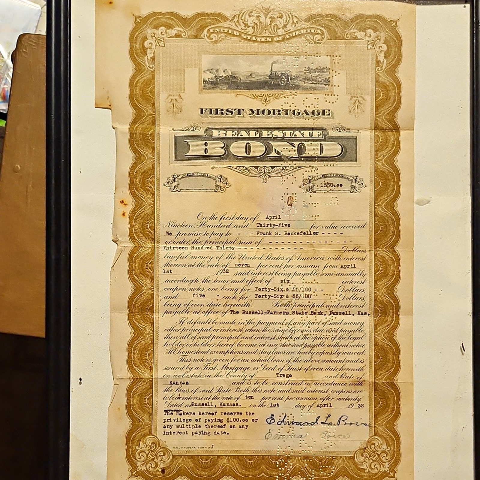 1932 First Mortgage Real Estate Bond $1,330 Frank S. Rockefeller Russell KS