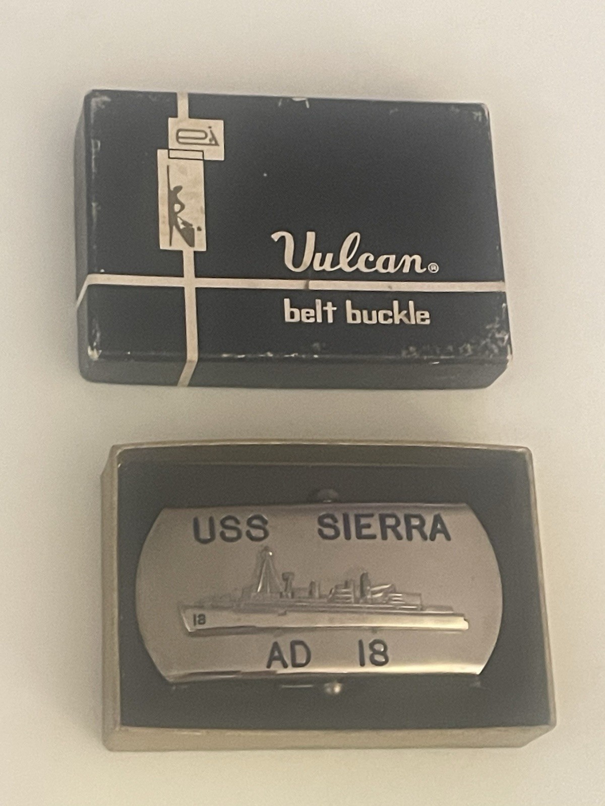 VINTAGE 1950-70’s USS SIERRA AD-18 VULCAN BOBO BELT BUCKLE IN ORIGINAL BOX