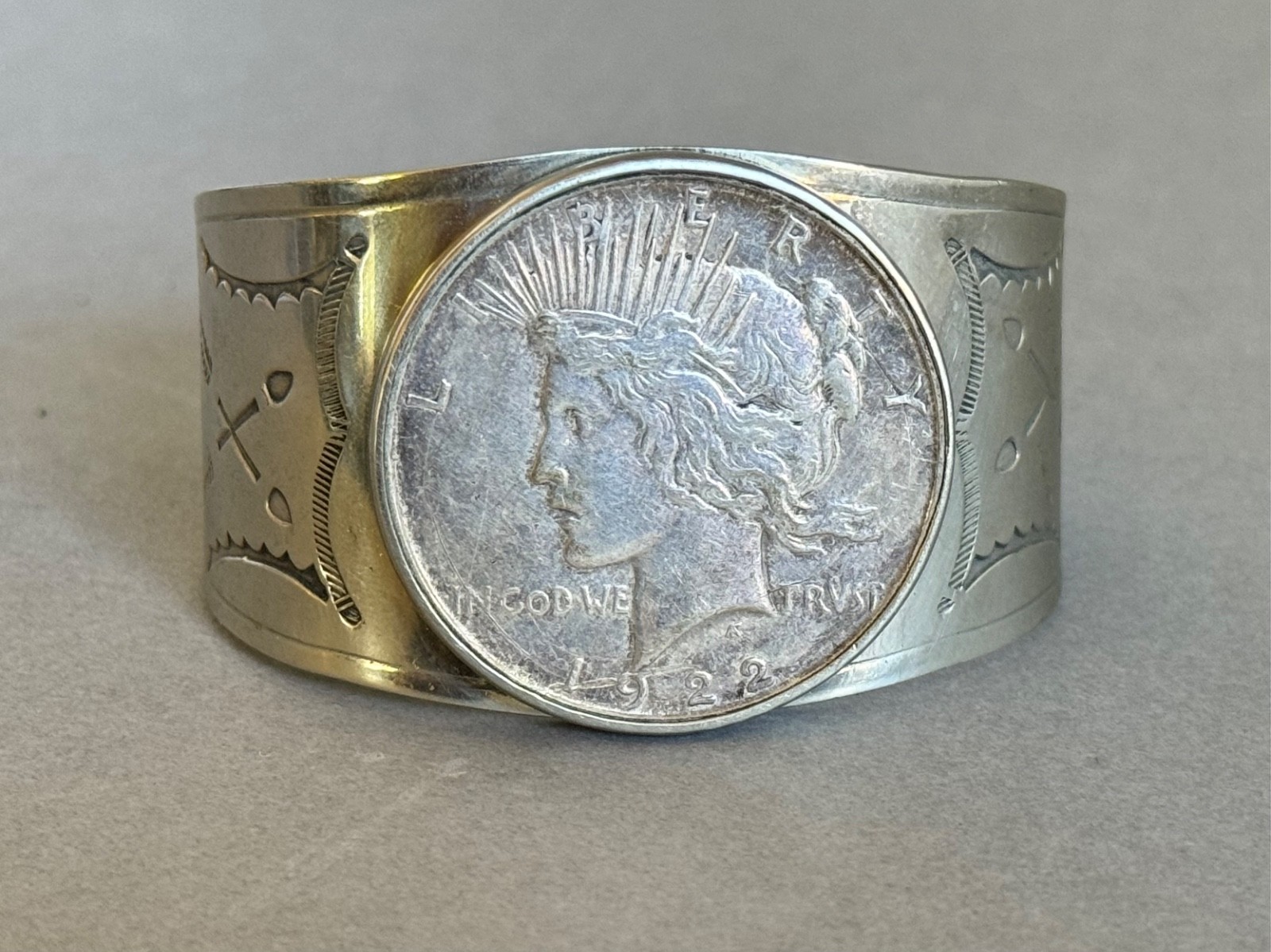 Old Pawn Navajo Nickel Silver Bracelet with  Silver Dollar Coin 1922