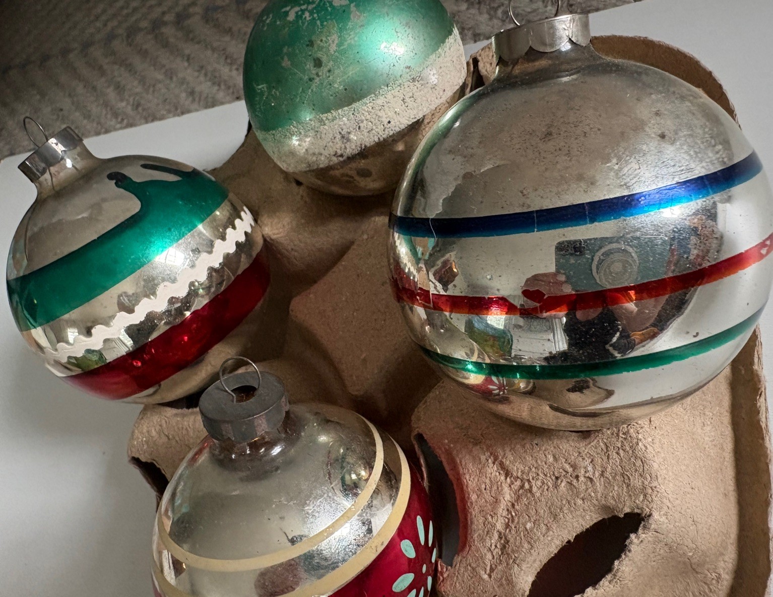10 Vintage Glass Christmas Striped Ornaments Shiny Brite etc Large Medium Small