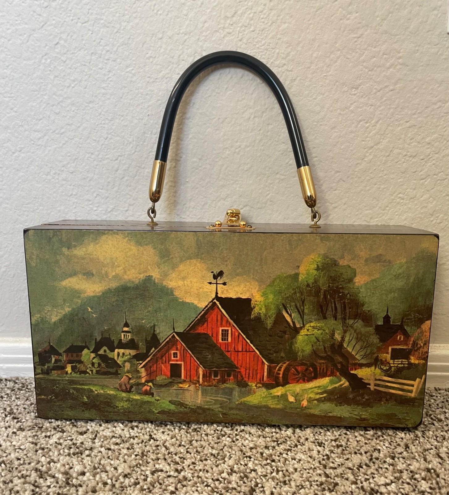 VTG Purse Cigar Box Decoupage Farm Handbag Retro BoHo Chic Granny Cottage