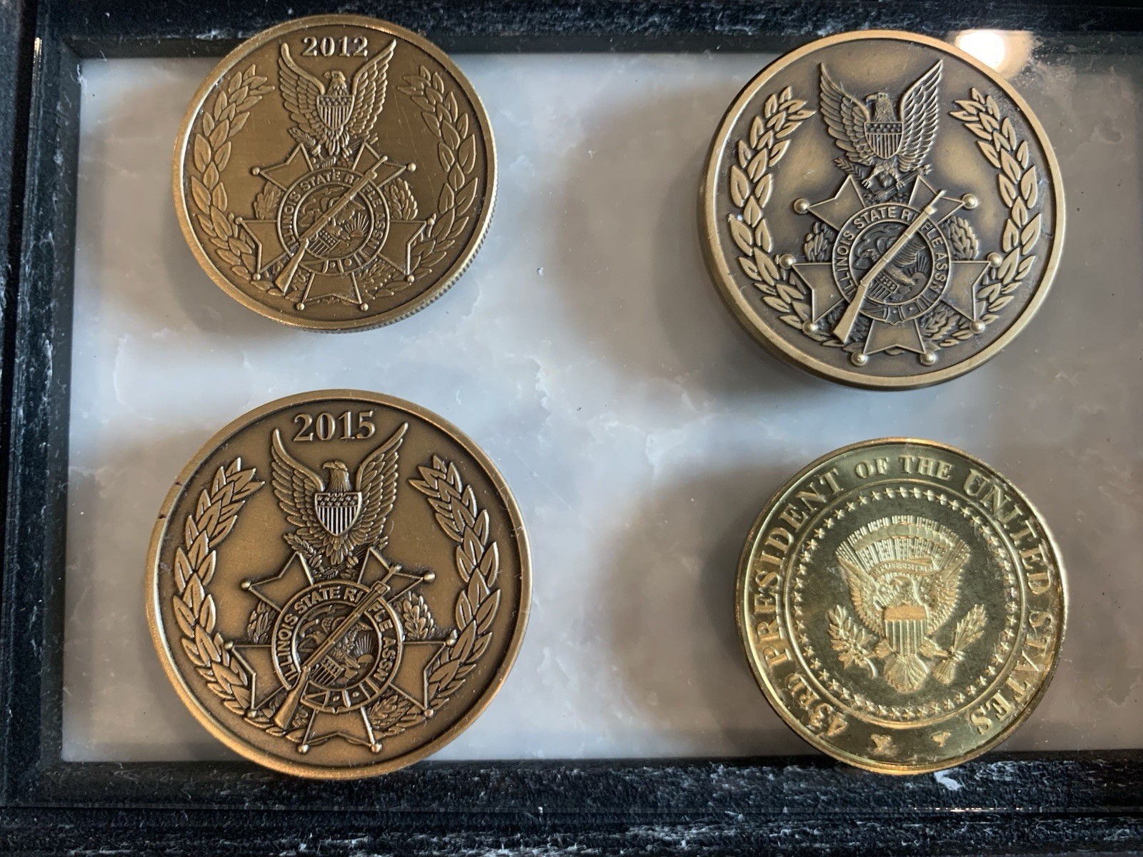 4 Challenge Coins-2012,2015,2016 Illinois State Rifle Assoc. Plus GW Bush Coin