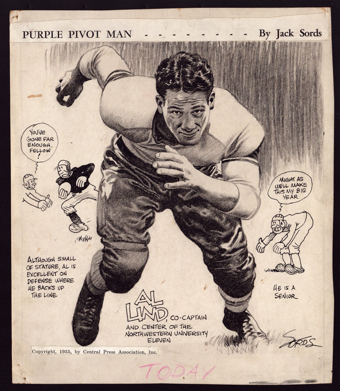 1935 Original Al Lind NORTHWESTERN UNIV. FOOTBALL Newspaper Comic Art JACK SORDS 1935 Original Al Lind NORTHWESTERN UNIV. FOOTBALL Newspaper Comic Art JACK SORDS
