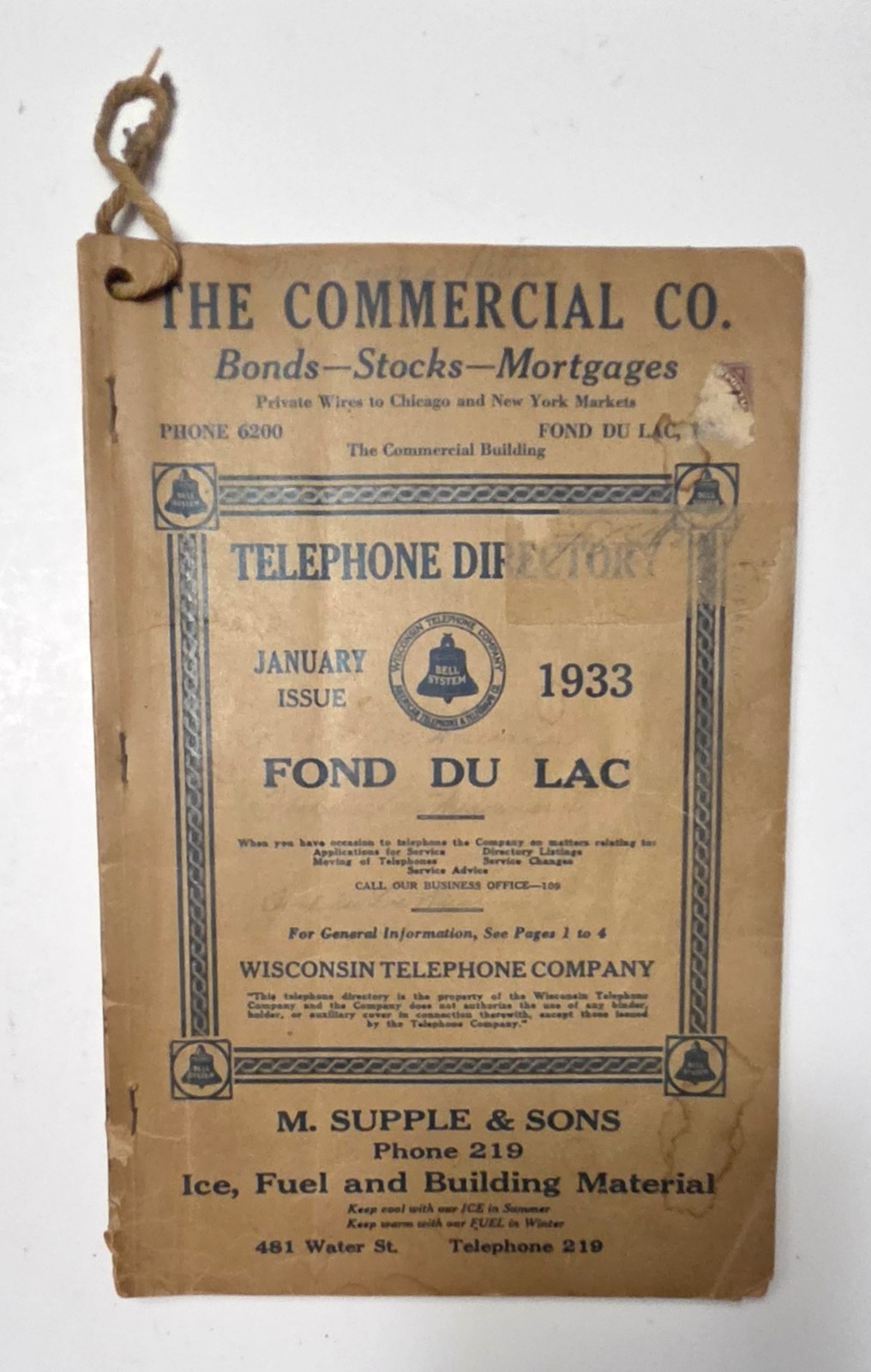 TELEPHONE DIRECTORY FOND DU LAC 1933 Wisconsin Telephone Company Phone Book TELEPHONE DIRECTORY FOND DU LAC 1933 Wisconsin Telephone Company Phone Book