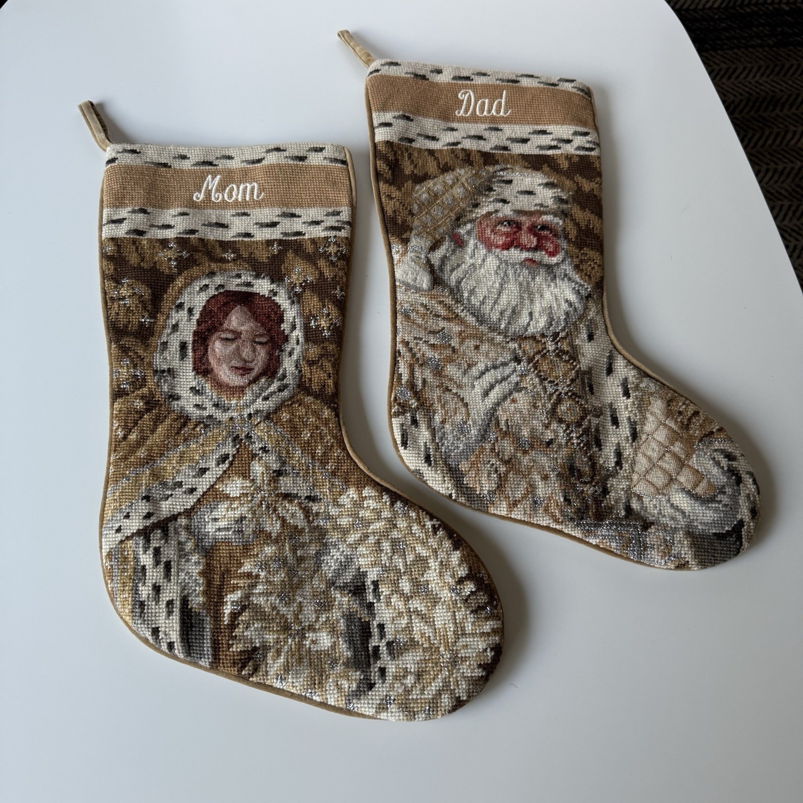 2 SFERRA Christmas Stocking Wool Needlepoint Velvet Personalized Mom Dad