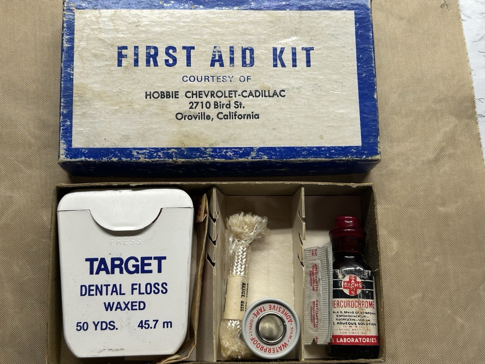 Vintage Dr. Sachs Target First Aid Kit Advertising Box Blue White Red Medicine