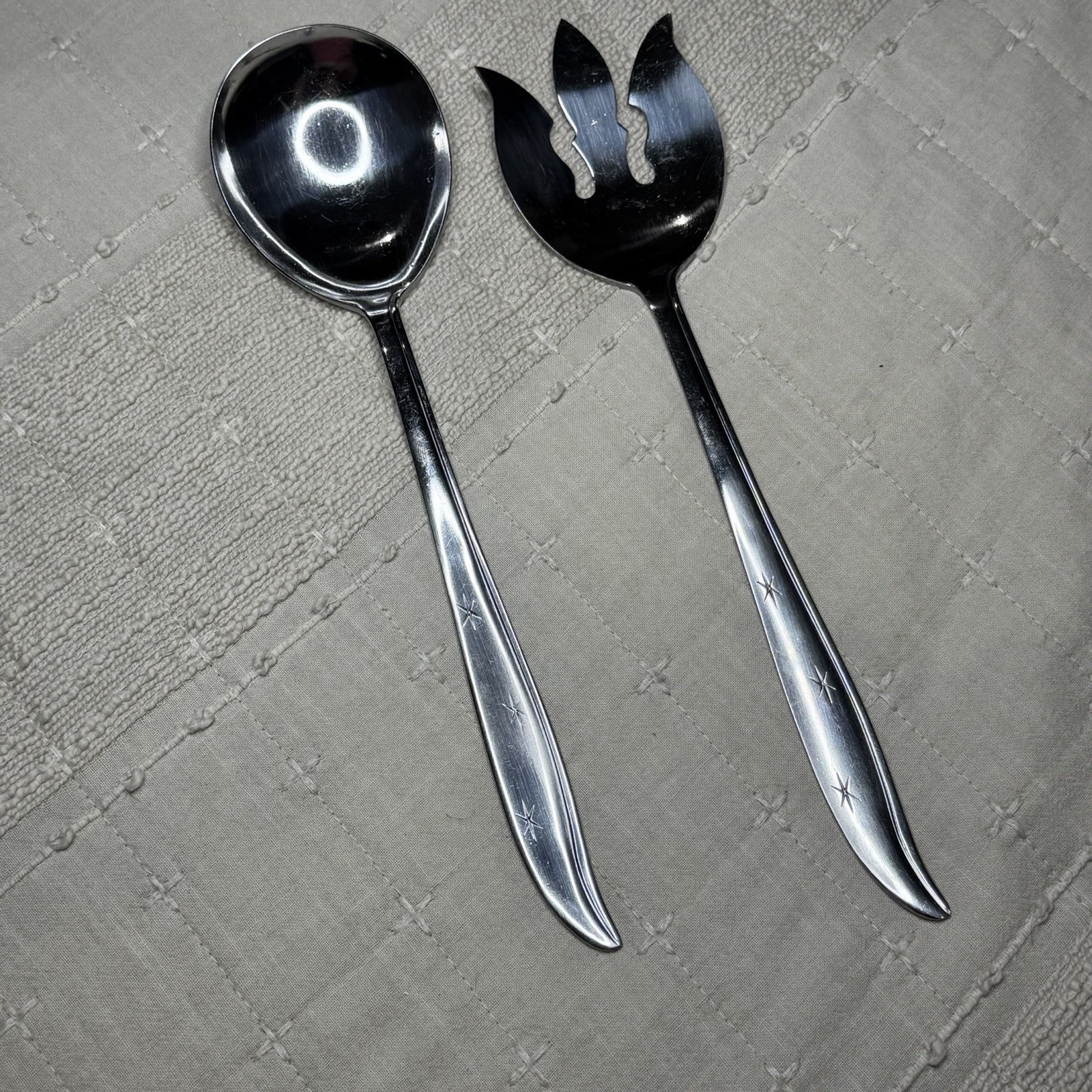 Vintage Atomic Starburst Nasco Starette Salad Set Stainless Steel Spoon Fork