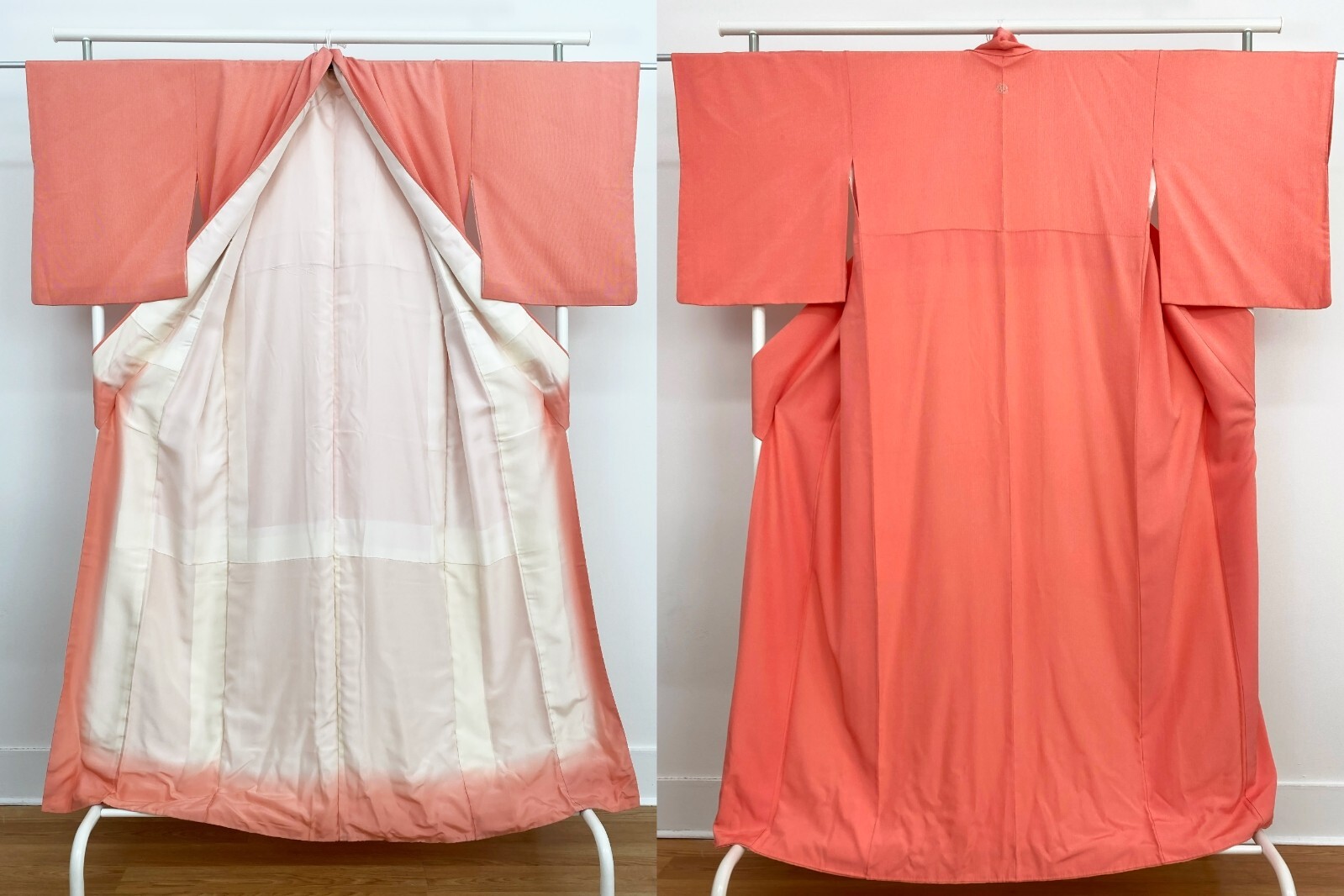 Vintage traditional authentic Japanese kimono, light orange silk long kimono