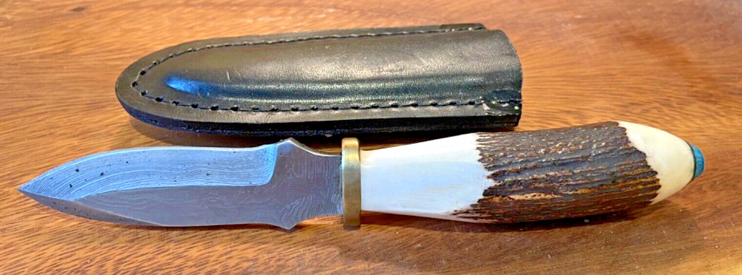 Vintage (1997) Ken Largin Kelgin Stag Handle Damascus Knife w/sheath--1202.24