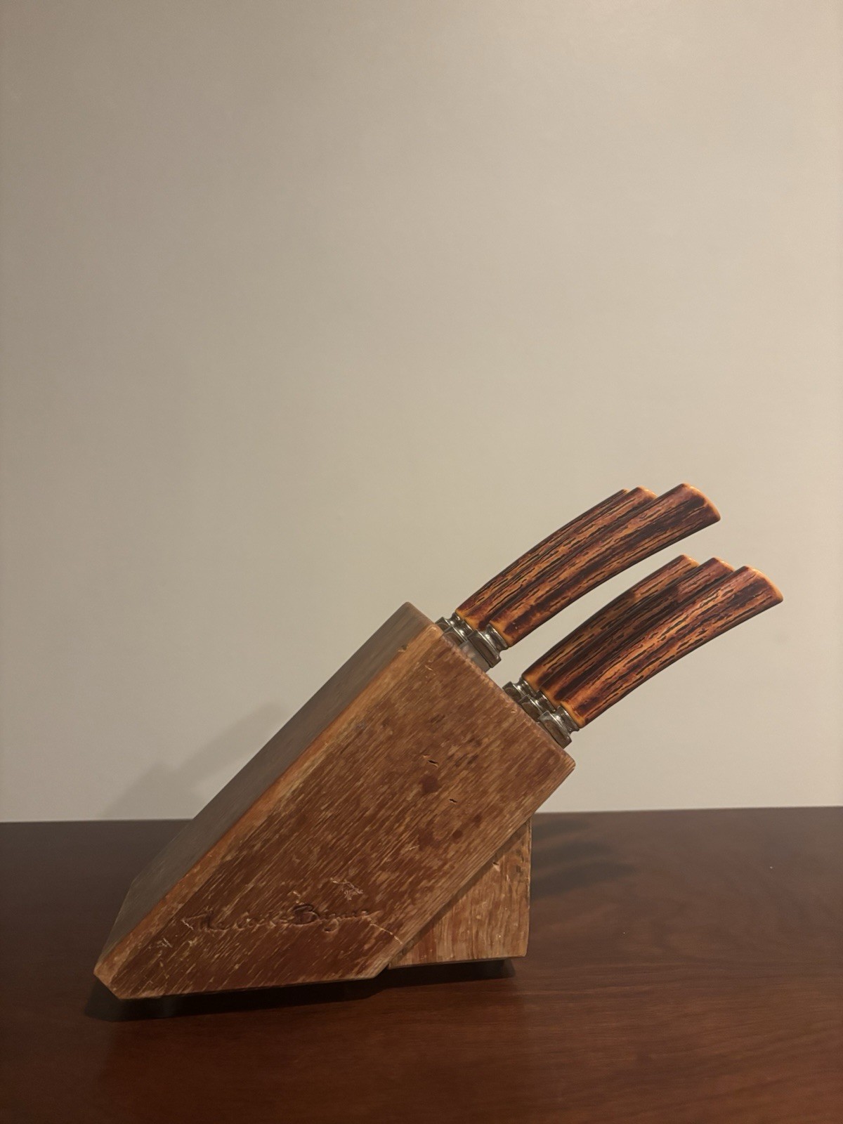 6 Vintage Shefield England Faux Antler Handle Serrated Stainless Steak Knife Set