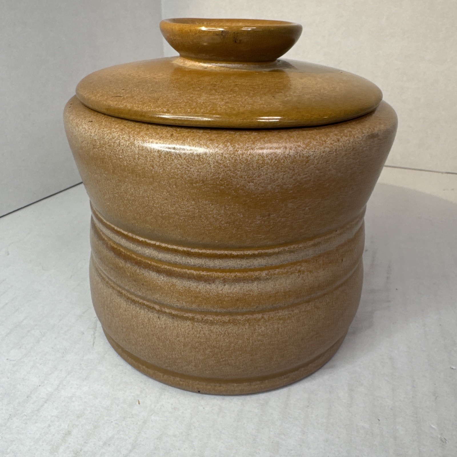 Vintage Francoma Pottery Crock Covered Small Coffee Canister Brown Sati Glaze