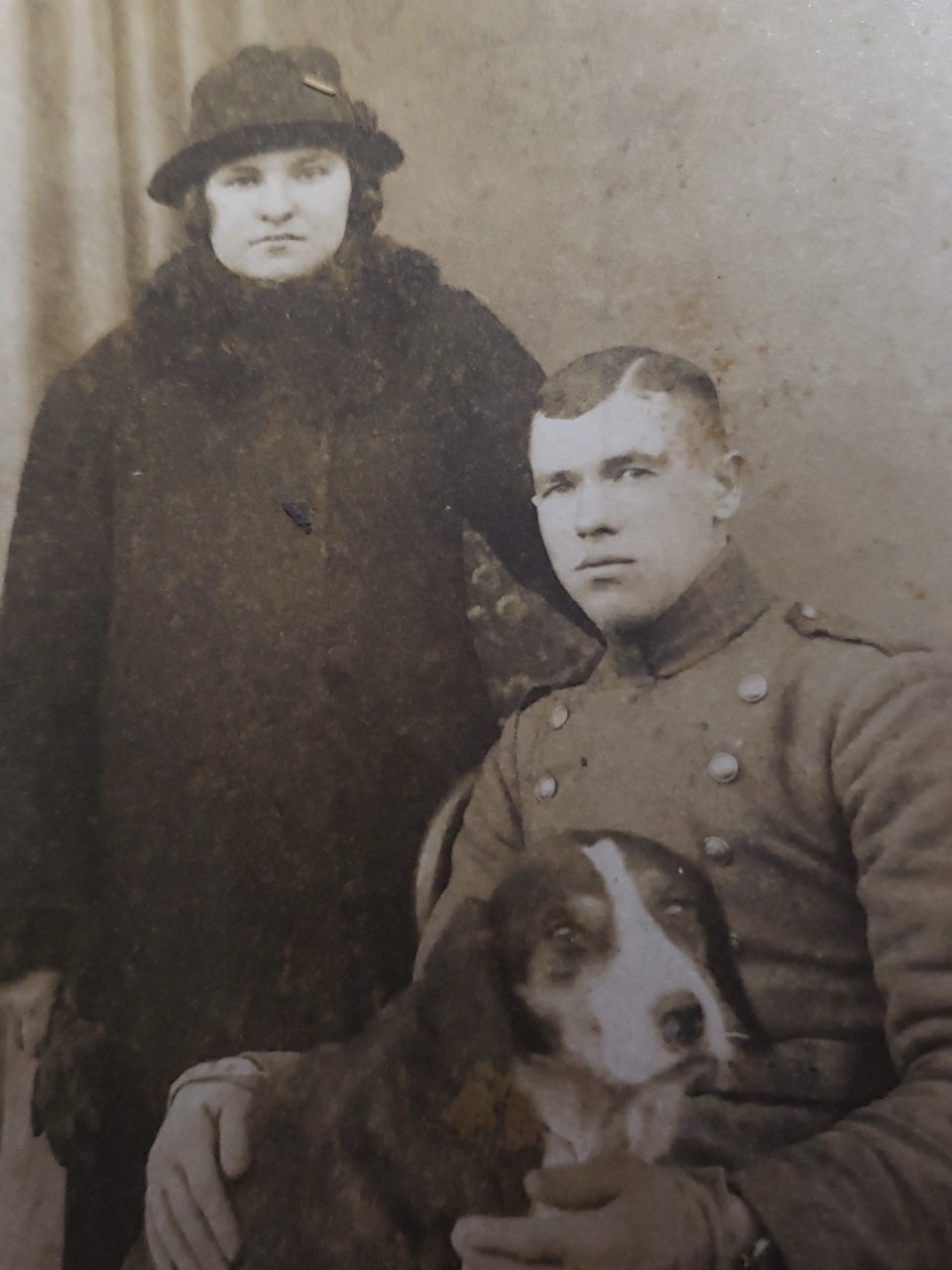 Antique WWI RPPC Postcard Soldier in Uniform Woman & Large Hound Dog 1910s Milit