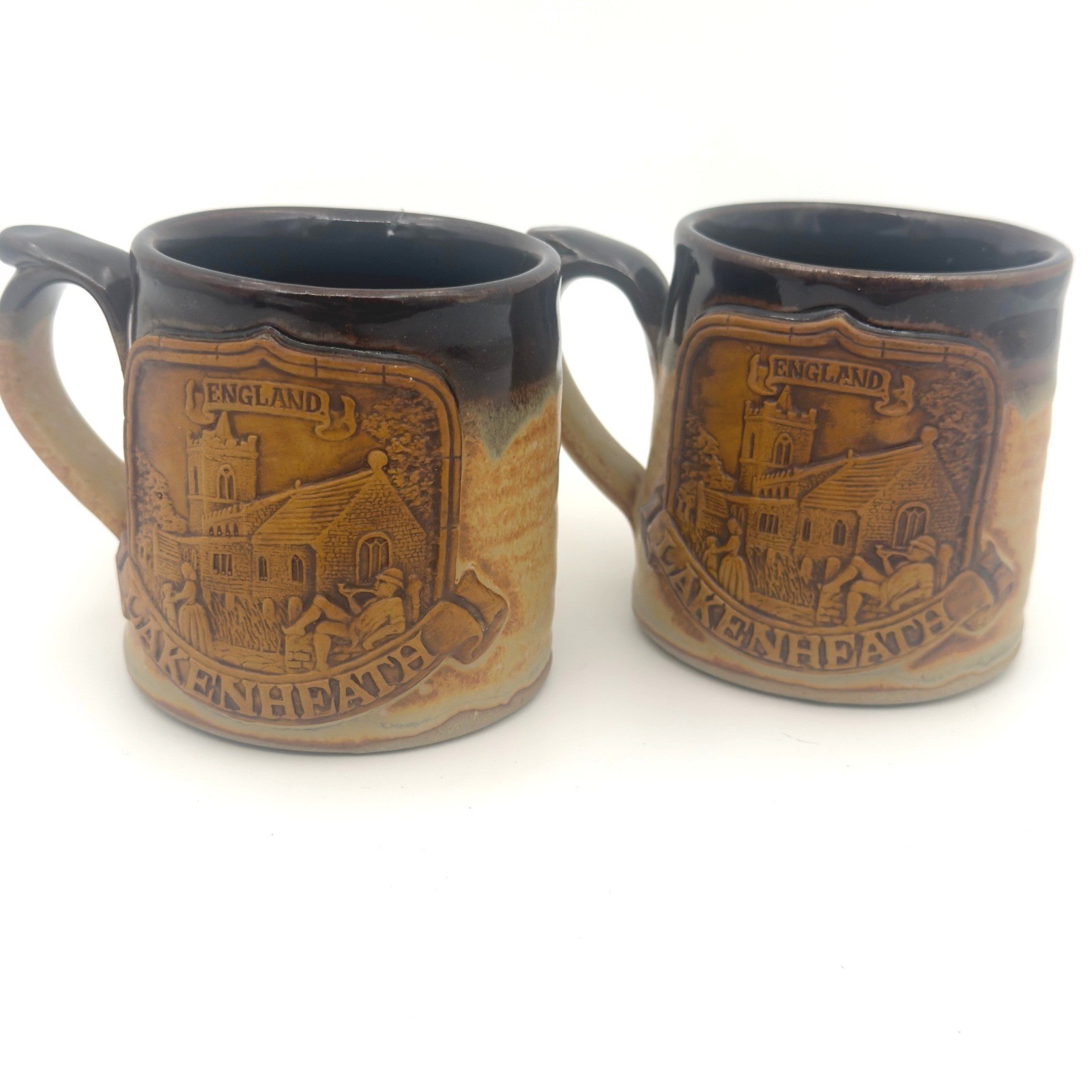 Vintage Stonebridge Pottery England Relief Mugs Lakenheath & Mildenhall Set of 2