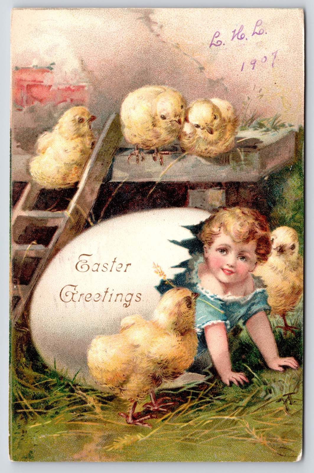 Easter Fantasy~Lil Girl Hatches from Giant Egg~Chicks Watch From Coop~UDB 1907
