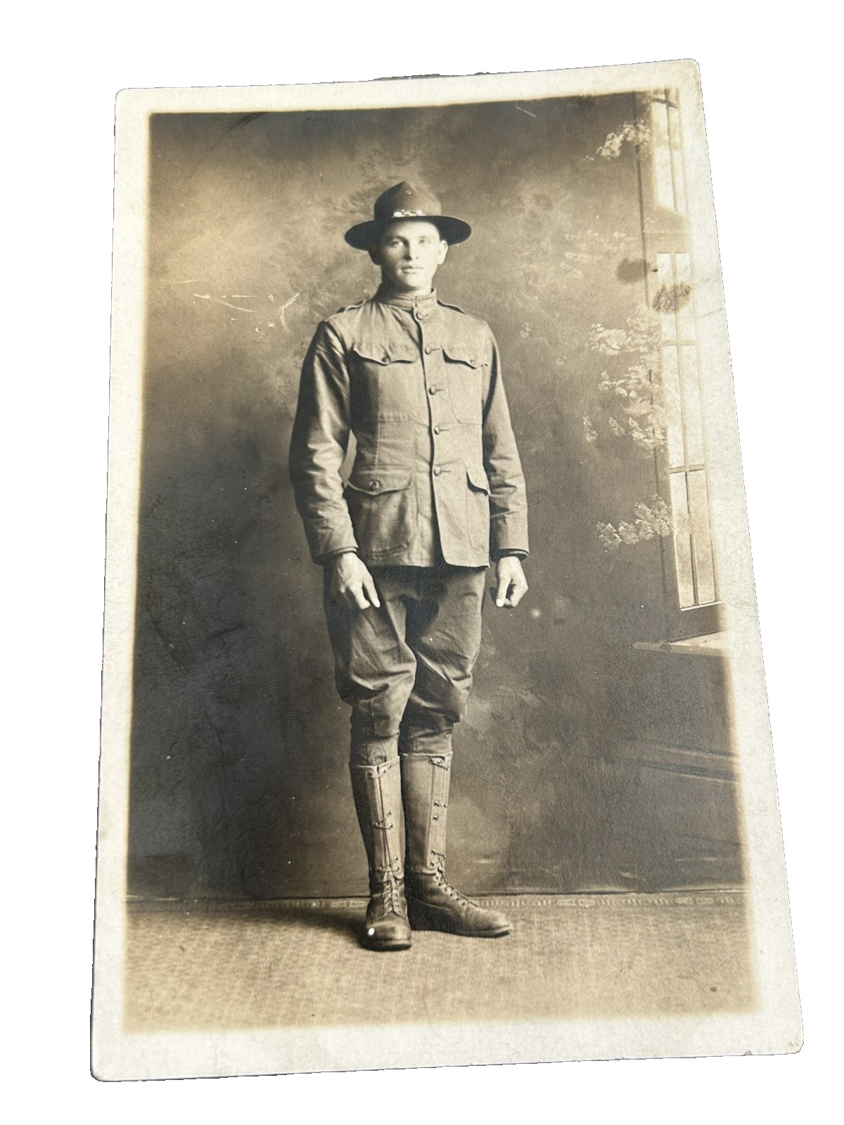 WWI US Soldier Doughboy Studio Portrait, Antique Real Photo Postcard RPPC WW1
