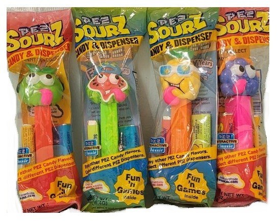 PEZ SOURZ SOURS SET WATERMELON,APPLE,PINEAPPLE,BLUE RASPBERRY SEALED BAGS NEW