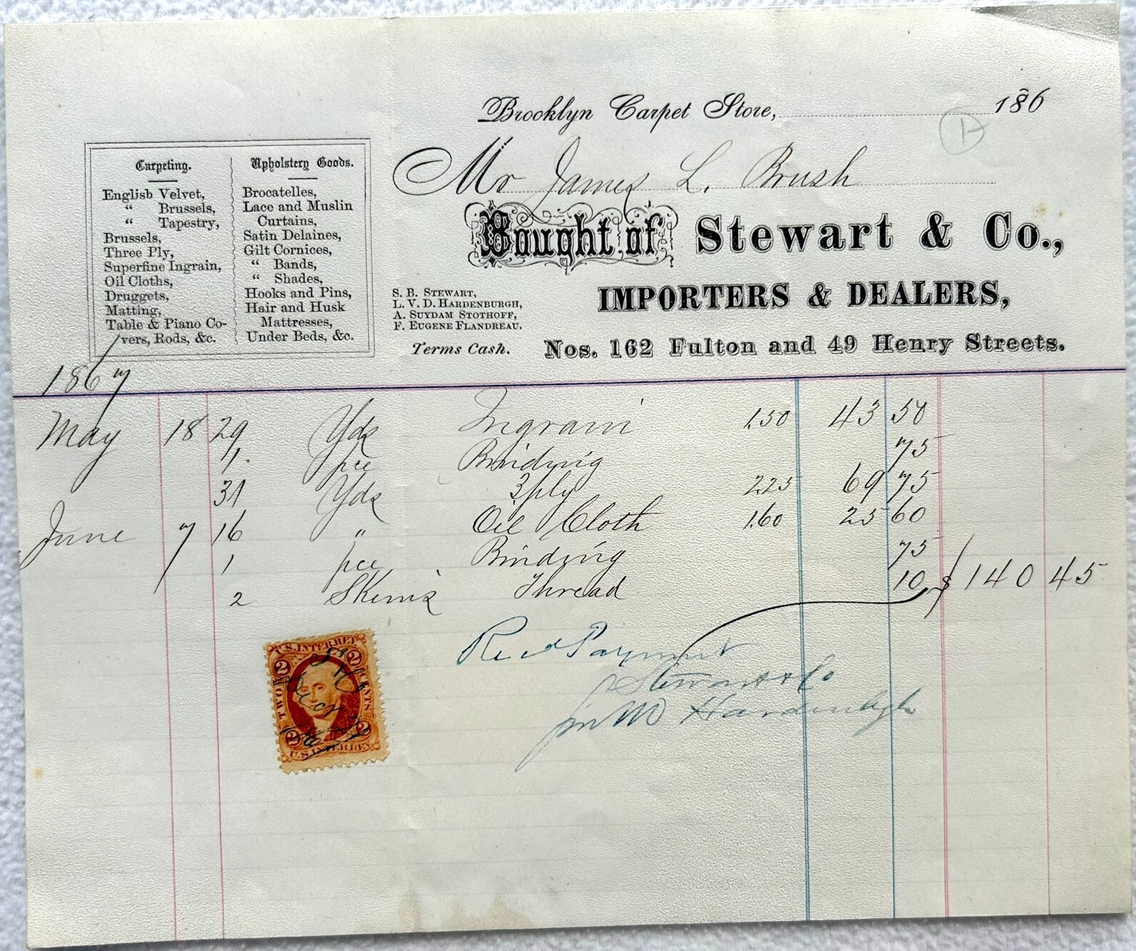 1867 Antique Receipt From Stewart & Co. in NY - 102 Fulton & 49 Henry St.
