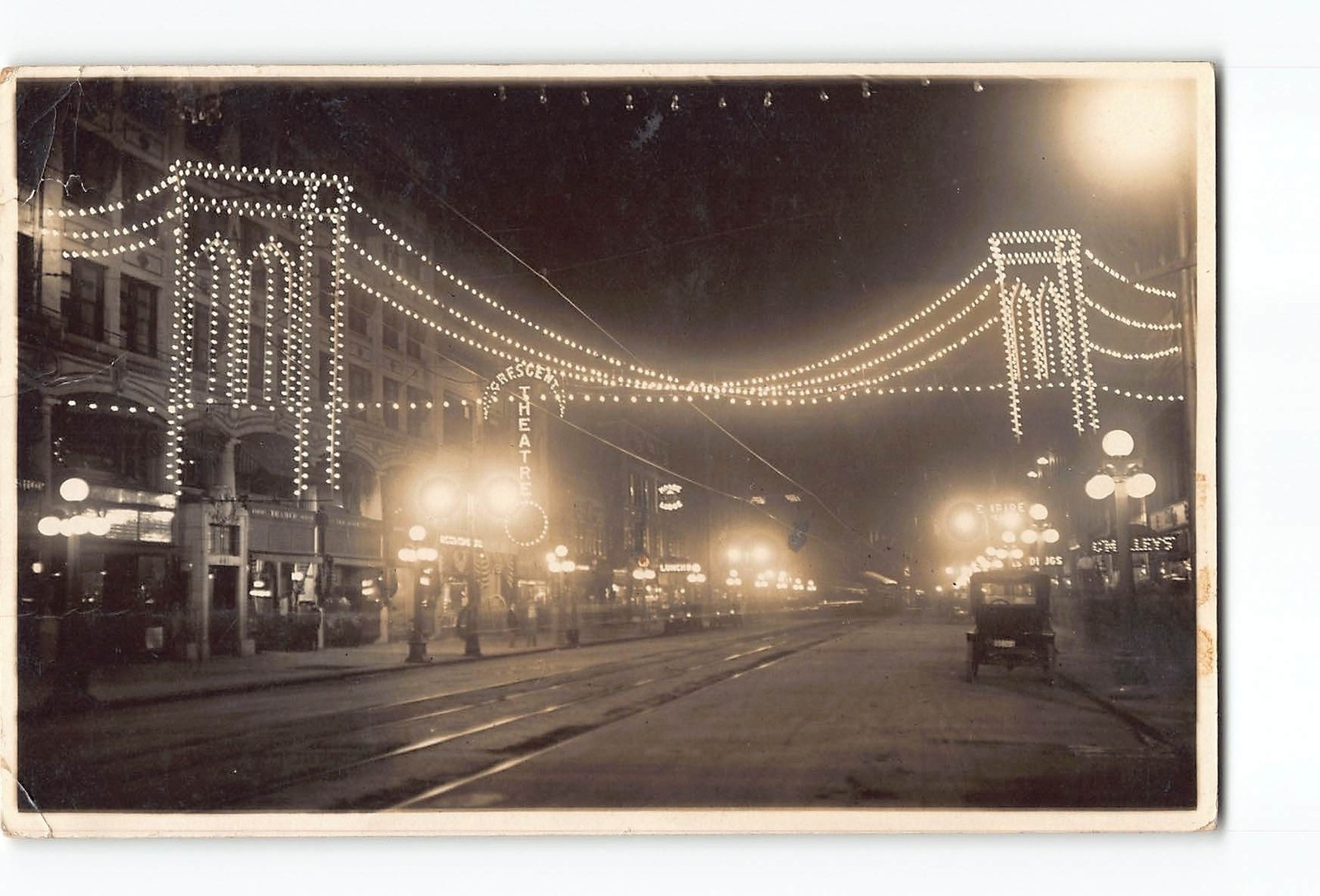Syracuse NY RPPC Real Photo 1907-1915 Illuminated Street Scene Crescent Theater