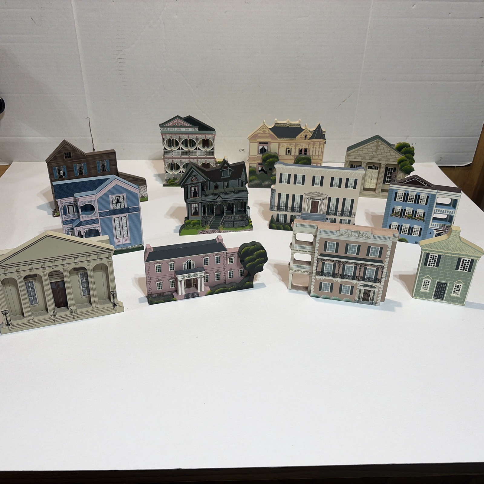 Shelia\'s Victorian Hand Painted Wooden Houses Lot of 12 Signed by Shelia, 1990s Shelia\'s Victorian Hand Painted Wooden Houses Lot of 12 Signed by Shelia, 1990s