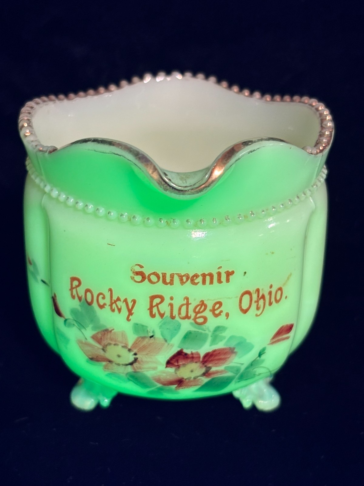 #815 Vtg ROCKY RIDGE OHIO Uranium Custard Souvenir Ribbed Glass TOOTHPICK HOLDER