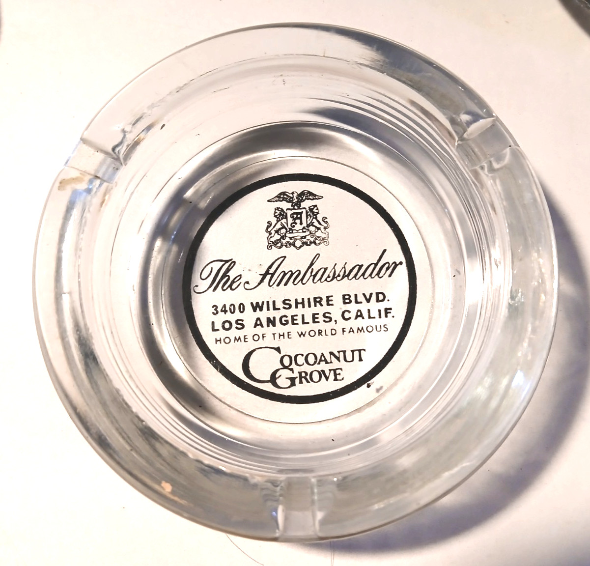 Vintage advertising ashtray from the Ambassador Hotel/Cocoanut Grove in Calif.