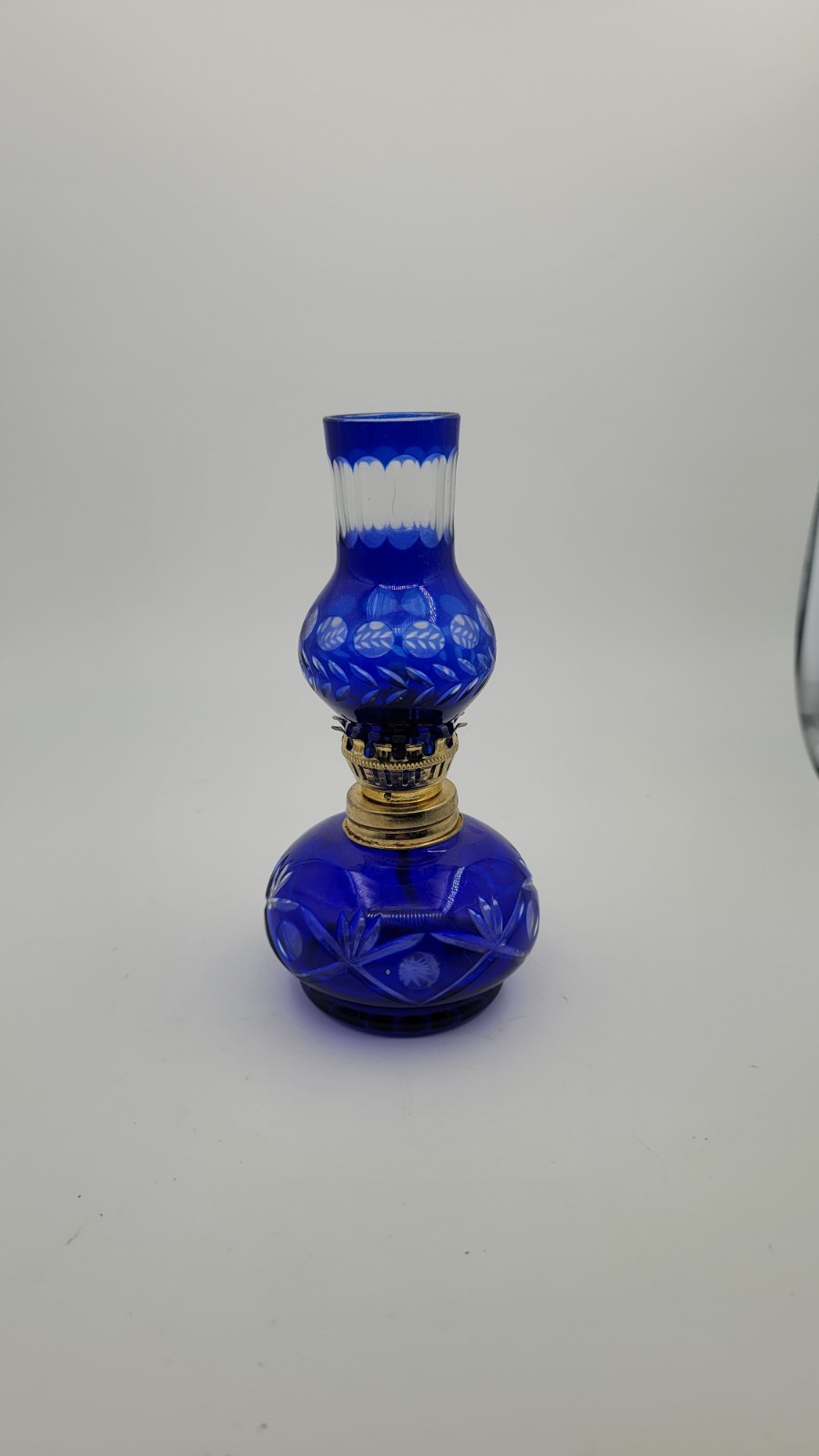 Bohemian Blue Cut Glass Miniature Oil Lamp 7\