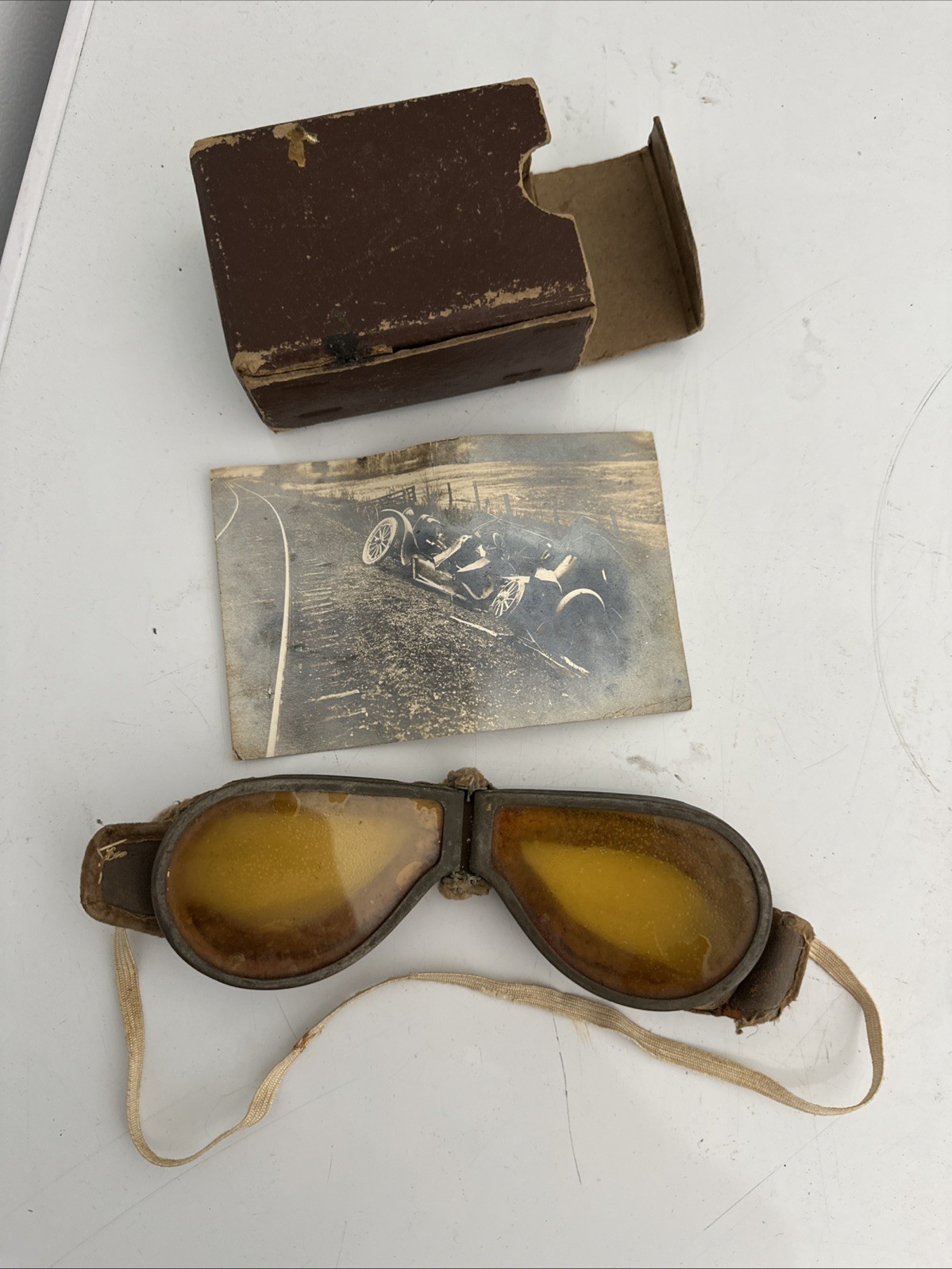 Antique 1910s Auto Racing Goggles CYKO RPPC Train Wreck Photo Box Ford Model T