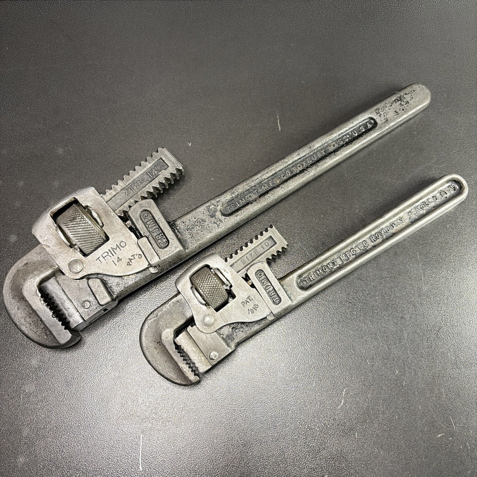 2 Vintage Trimo 10 & 14 PIPE Wrenches Roxbury Mass. USA  Owners Marks