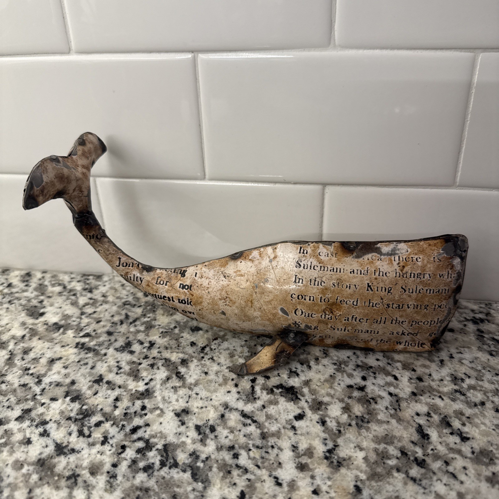 Whale Collectible Metal Tan/Black/Gray Figurine with Printed Text 9” Unique 