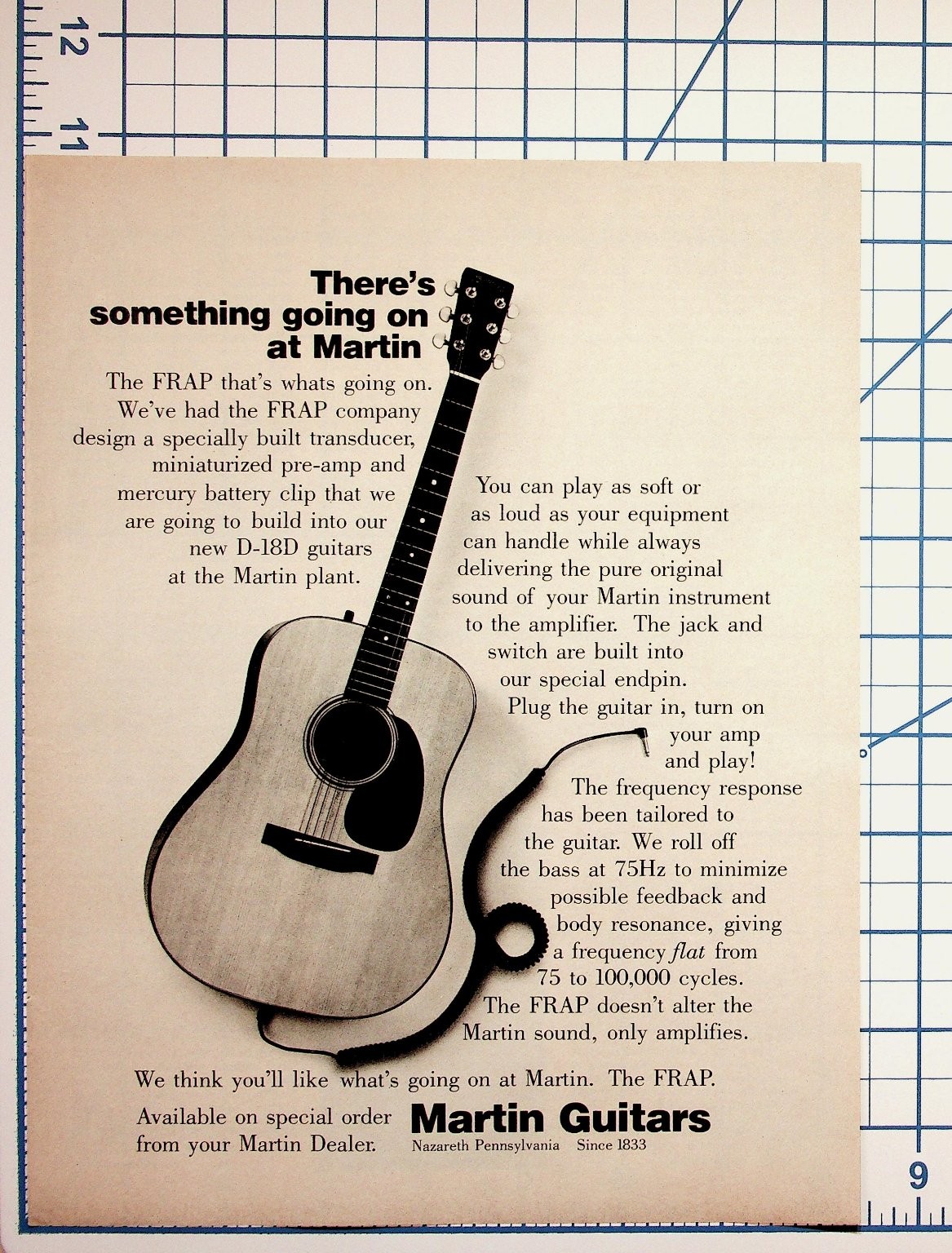 Vintage Martin Guitars FRAP D-18D Acoustic Guitar Transducer Print Ad 1970s Vintage Martin Guitars FRAP D-18D Acoustic Guitar Transducer Print Ad 1970s