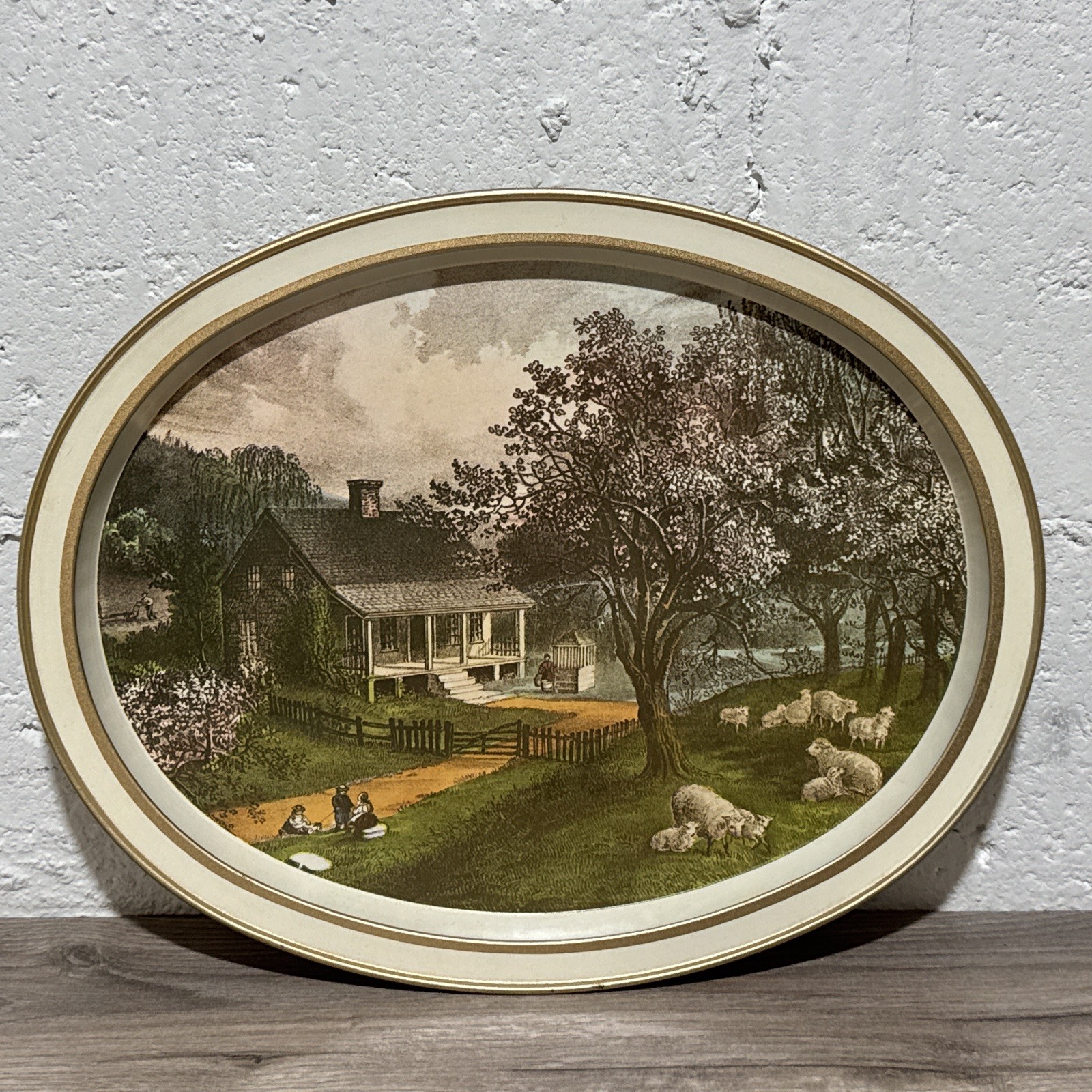 Vtg Currier Ives American Homestead Spring Metal Tin Serving Tray 14 1/2\