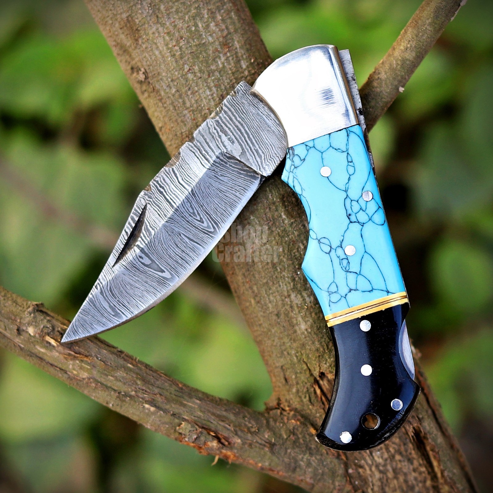 Damascus Pocket Knife Turquoise Handle Folding Valentine Gift For Men Him Sheath