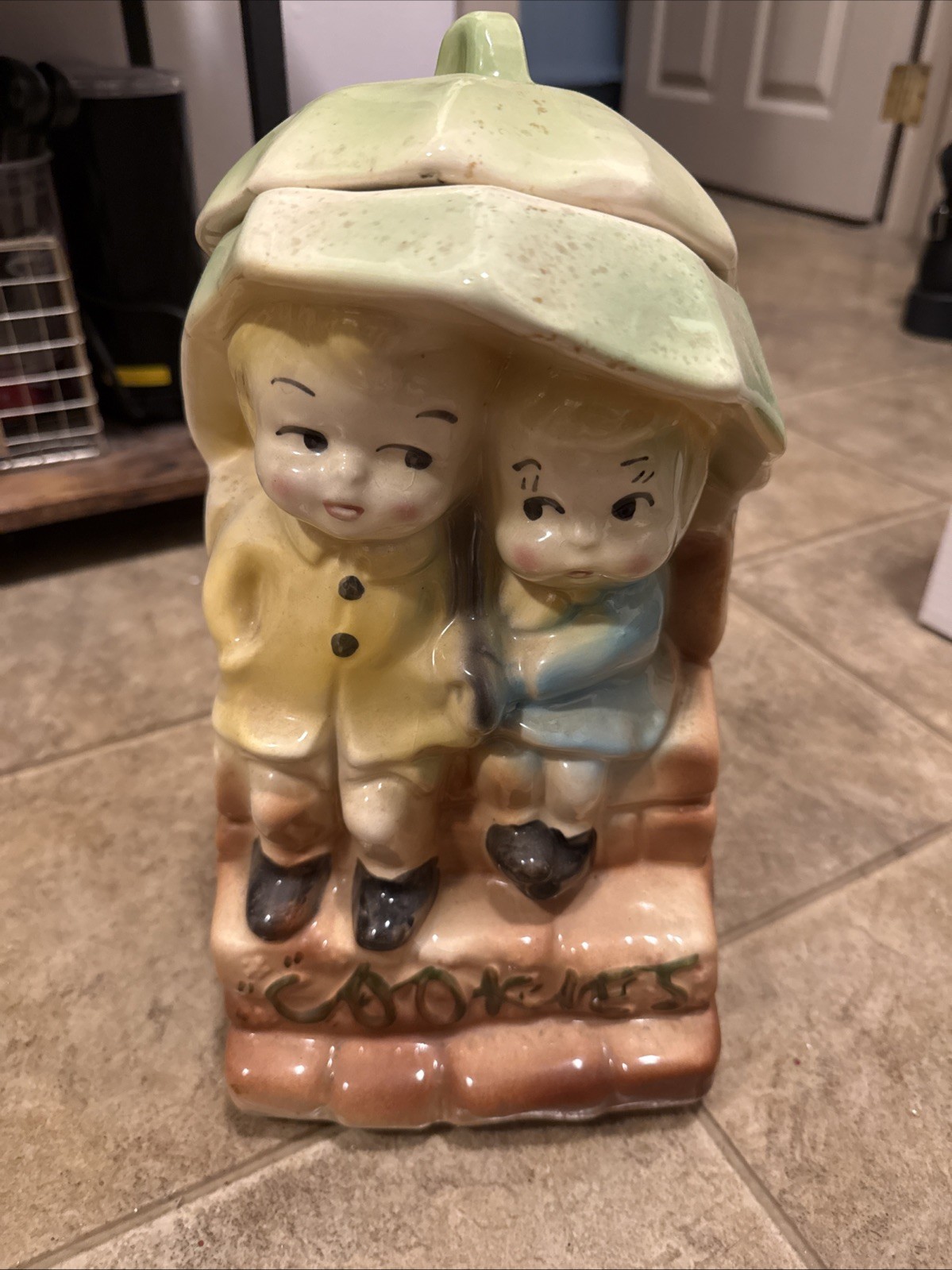 Vintage American Bisque Sweethearts Umbrella Kids Ceramic Cookie Jar USA 739 Vintage American Bisque Sweethearts Umbrella Kids Ceramic Cookie Jar USA 739