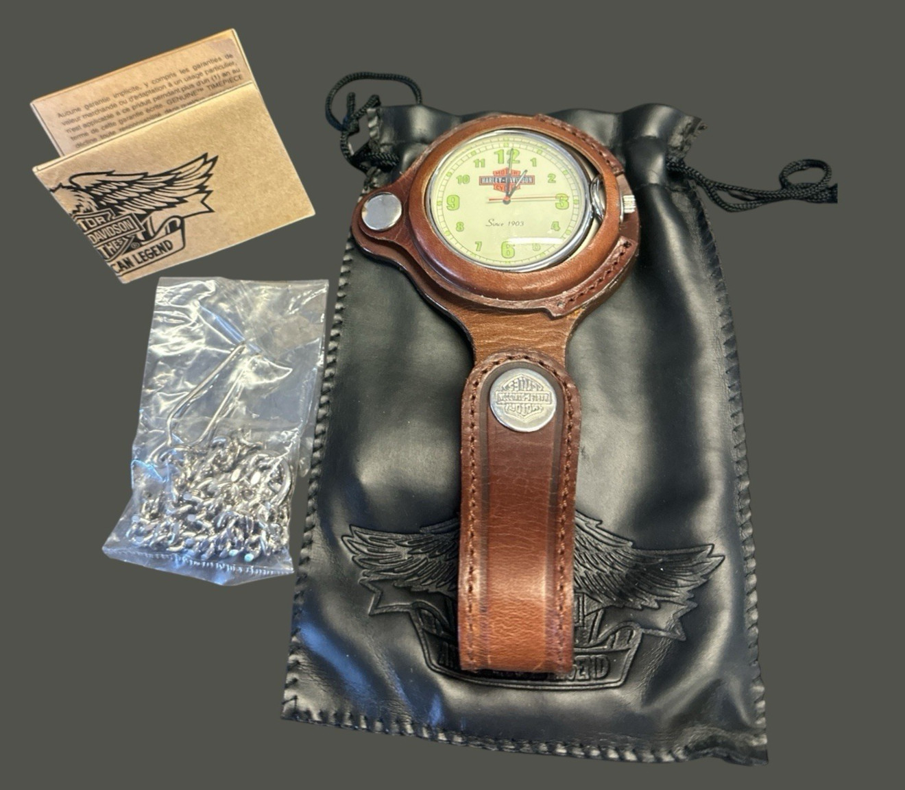 Vintage Harley Davidson Swiss Mov\'t Pocket Watch - Leather Holder, Needs Battery